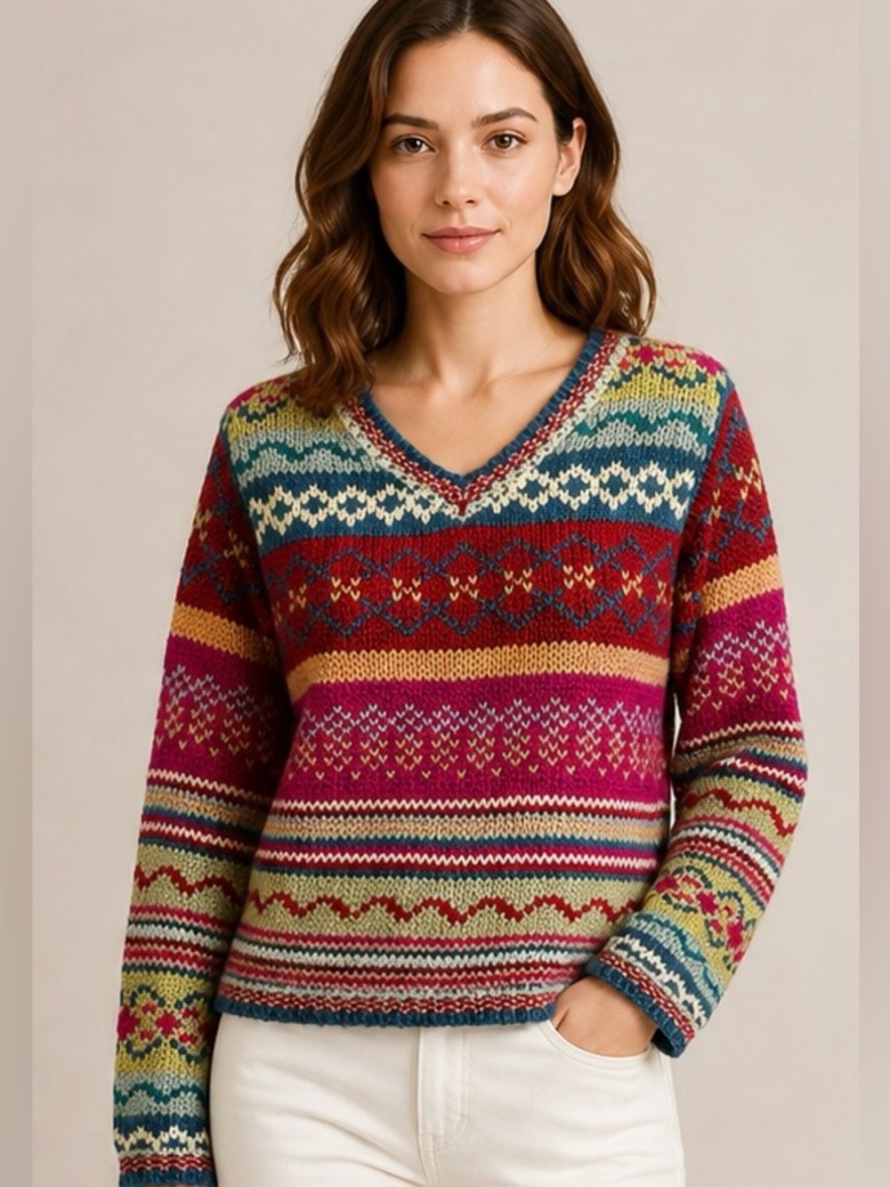VTG Real Comfort Fair Isle Sweater Colorful Chunky Knit Pullover 90s Korea Sz S